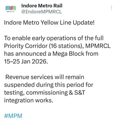 टेस्टिंग और तकनीकी काम पूरा करने की कवायद, 15 से 25 जनवरी तक सेवाएं रहेंगी बंद